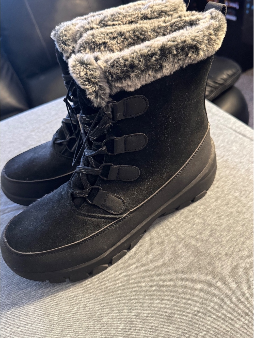 Lands End Womens Black Faux Fur Winter Snow Boots Size 11